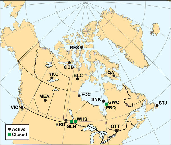 Map of canadian observatories.  For more information, view the following table.