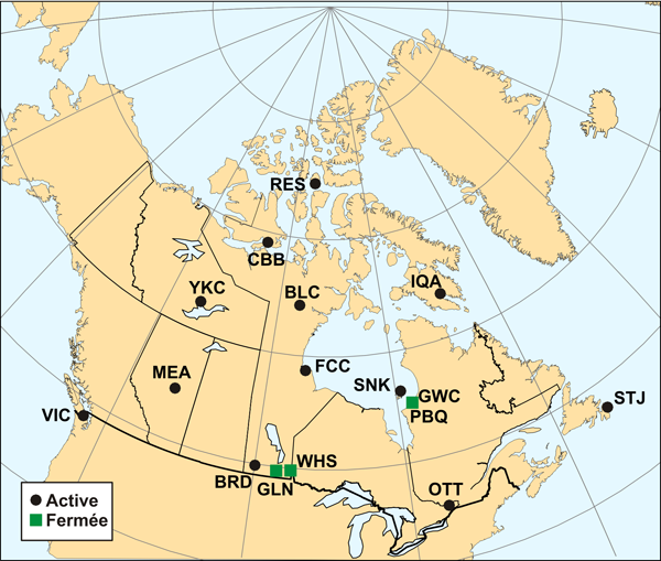 Carte des observatoires canadian.  Pour plus de détails, voir la table suivante.