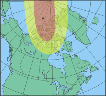 Carte du Canada qui montre une ellipse sur l'archipel Arctique, où les boussoles sont erratiques et une petite ellipse centrée sur le pôle nord magnétique où les boussoles sont inutilisables.