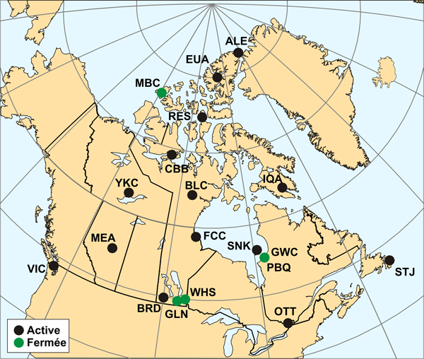 Carte des observatoires canadian.  Pour plus de détails, voir la table suivante.